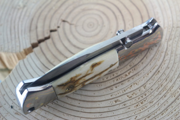 Fumio Inagaki FI-910 Blackjack MAMBA Folder, Custom Replica with Rainbow Damascus Mokume-Gane Bolster - japaneseknifedirect.mom