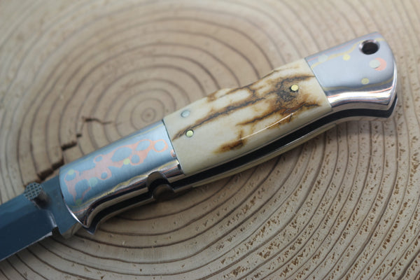 Fumio Inagaki FI-910 Blackjack MAMBA Folder, Custom Replica with Rainbow Damascus Mokume-Gane Bolster - japaneseknifedirect.mom