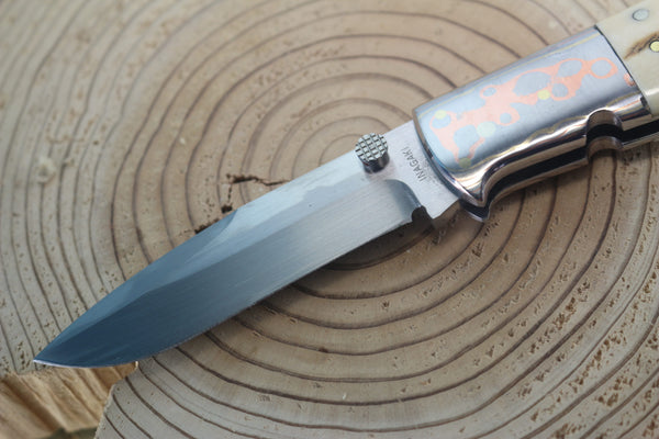 Fumio Inagaki FI-910 Blackjack MAMBA Folder, Custom Replica with Rainbow Damascus Mokume-Gane Bolster - japaneseknifedirect.mom
