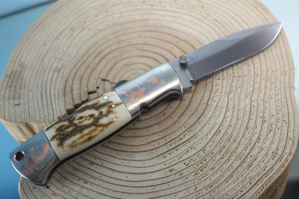 Fumio Inagaki FI-910 Blackjack MAMBA Folder, Custom Replica with Rainbow Damascus Mokume-Gane Bolster - japaneseknifedirect.mom