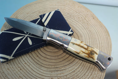 Fumio Inagaki FI-910 Blackjack MAMBA Folder, Custom Replica with Rainbow Damascus Mokume-Gane Bolster - japaneseknifedirect.mom