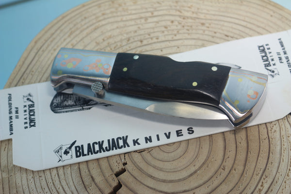 Fumio Inagaki FI-930 Blackjack MAMBA Folder, Custom Replica with Rainbow Damascus Mokume-Gane Bolsters - japaneseknifedirect.mom