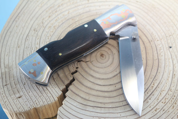 Fumio Inagaki FI-930 Blackjack MAMBA Folder, Custom Replica with Rainbow Damascus Mokume-Gane Bolsters - japaneseknifedirect.mom