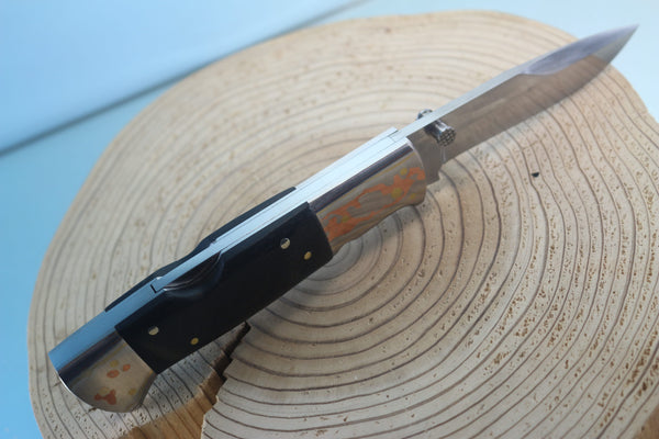 Fumio Inagaki FI-930 Blackjack MAMBA Folder, Custom Replica with Rainbow Damascus Mokume-Gane Bolsters - japaneseknifedirect.mom