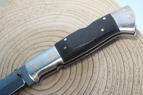 Fumio Inagaki FI-930 Blackjack MAMBA Folder, Custom Replica with Rainbow Damascus Mokume-Gane Bolsters - japaneseknifedirect.mom
