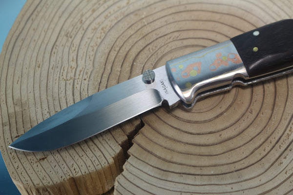 Fumio Inagaki FI-930 Blackjack MAMBA Folder, Custom Replica with Rainbow Damascus Mokume-Gane Bolsters - japaneseknifedirect.mom