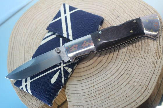 Fumio Inagaki FI-930 Blackjack MAMBA Folder, Custom Replica with Rainbow Damascus Mokume-Gane Bolsters - japaneseknifedirect.mom