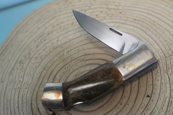 Fumio Inagaki FI-935 RON LAKE  Folders, Custom Replica with Rainbow Damascus Mokume-Gane Bolsters - japaneseknifedirect.mom