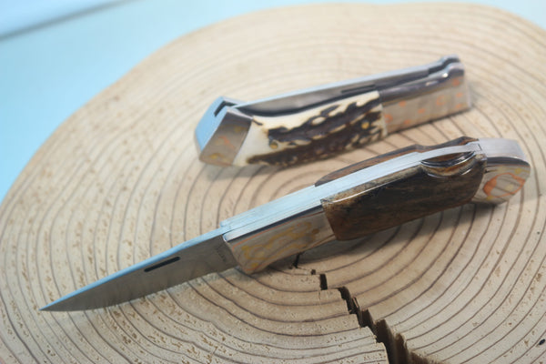 Fumio Inagaki FI-935 RON LAKE  Folders, Custom Replica with Rainbow Damascus Mokume-Gane Bolsters - japaneseknifedirect.mom
