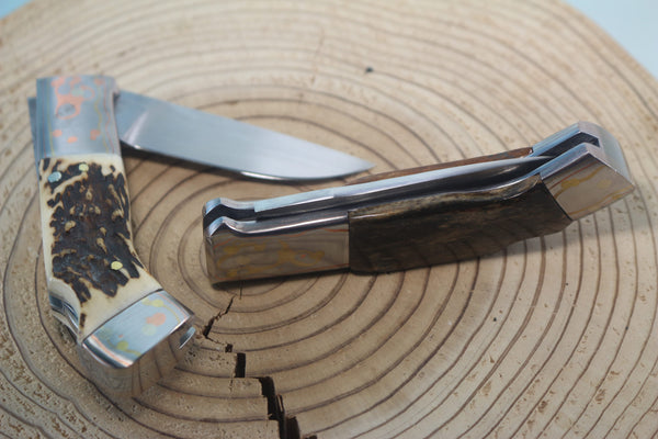 Fumio Inagaki FI-935 RON LAKE  Folders, Custom Replica with Rainbow Damascus Mokume-Gane Bolsters - japaneseknifedirect.mom