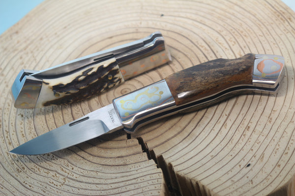 Fumio Inagaki FI-935 RON LAKE  Folders, Custom Replica with Rainbow Damascus Mokume-Gane Bolsters - japaneseknifedirect.mom