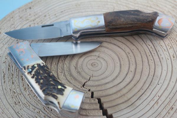 Fumio Inagaki FI-935 RON LAKE  Folders, Custom Replica with Rainbow Damascus Mokume-Gane Bolsters - japaneseknifedirect.mom