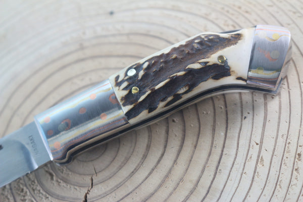 Fumio Inagaki FI-935 RON LAKE  Folders, Custom Replica with Rainbow Damascus Mokume-Gane Bolsters - japaneseknifedirect.mom