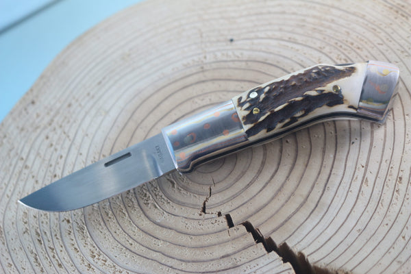 Fumio Inagaki FI-935 RON LAKE  Folders, Custom Replica with Rainbow Damascus Mokume-Gane Bolsters - japaneseknifedirect.mom