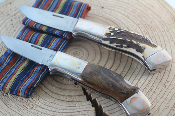Fumio Inagaki FI-935 RON LAKE  Folders, Custom Replica with Rainbow Damascus Mokume-Gane Bolsters - japaneseknifedirect.mom