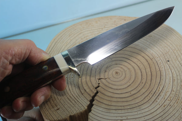Fumio Inagaki FI-945 Damascus Hunter, 5-1/2" VG-1 Damascus blade, Premium Desert Ironwood Burl handle - japaneseknifedirect.mom