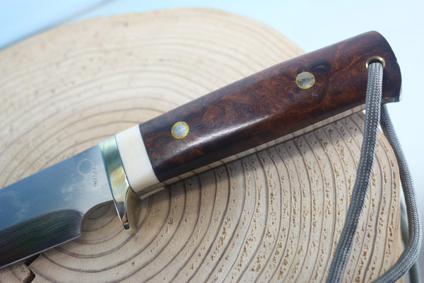 Fumio Inagaki FI-945 Damascus Hunter, 5-1/2" VG-1 Damascus blade, Premium Desert Ironwood Burl handle - japaneseknifedirect.mom