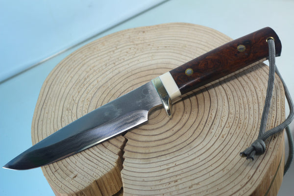 Fumio Inagaki FI-945 Damascus Hunter, 5-1/2" VG-1 Damascus blade, Premium Desert Ironwood Burl handle - japaneseknifedirect.mom