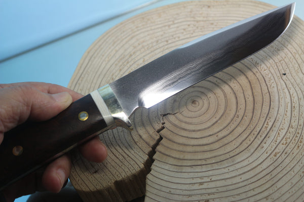 Fumio Inagaki FI-945 Damascus Hunter, 5-1/2" VG-1 Damascus blade, Premium Desert Ironwood Burl handle - japaneseknifedirect.mom