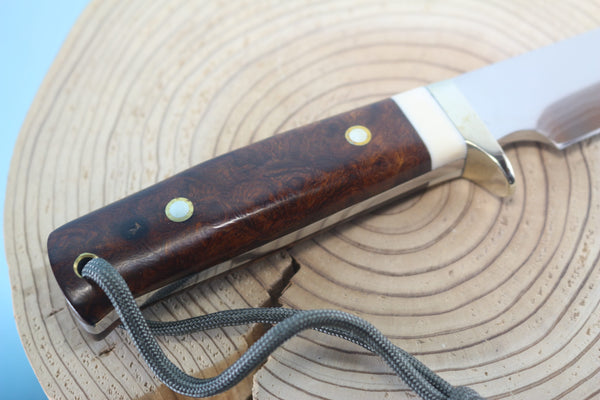 Fumio Inagaki FI-945 Damascus Hunter, 5-1/2" VG-1 Damascus blade, Premium Desert Ironwood Burl handle - japaneseknifedirect.mom
