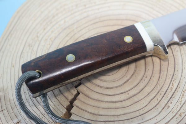 Fumio Inagaki FI-945 Damascus Hunter, 5-1/2" VG-1 Damascus blade, Premium Desert Ironwood Burl handle - japaneseknifedirect.mom