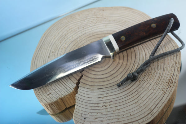 Fumio Inagaki FI-945 Damascus Hunter, 5-1/2" VG-1 Damascus blade, Premium Desert Ironwood Burl handle - japaneseknifedirect.mom
