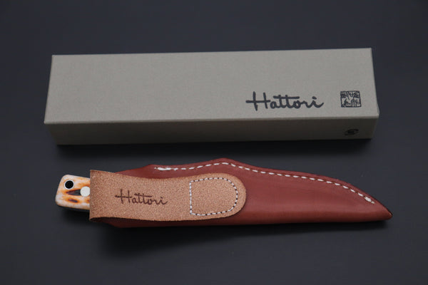 Hattori KD30-841B Cowry X Damascus Little Wild Hunters (Clip Point, Brown Jigged Bone Handle) - japaneseknifedirect.mom