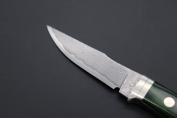 Hattori KD30-841G Cowry X Damascus Little Wild Hunters (Clip Point, MossGreen Bone handle Bone Handle) - japaneseknifedirect.mom