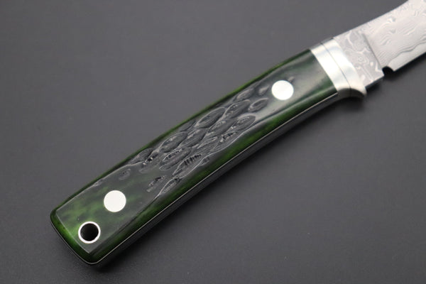 Hattori KD30-841G Cowry X Damascus Little Wild Hunters (Clip Point, MossGreen Bone handle Bone Handle) - japaneseknifedirect.mom