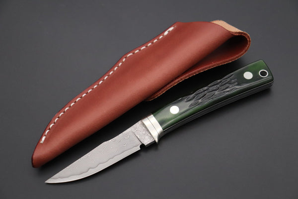 Hattori KD30-841G Cowry X Damascus Little Wild Hunters (Clip Point, MossGreen Bone handle Bone Handle) - japaneseknifedirect.mom