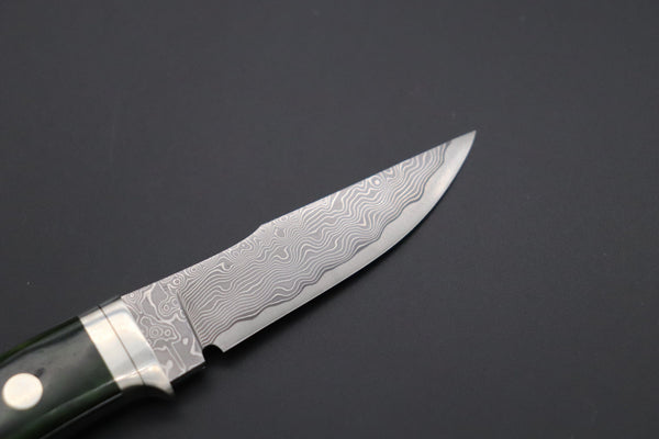 Hattori KD30-841G Cowry X Damascus Little Wild Hunters (Clip Point, MossGreen Bone handle Bone Handle) - japaneseknifedirect.mom