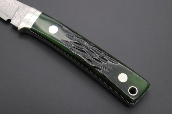 Hattori KD30-841G Cowry X Damascus Little Wild Hunters (Clip Point, MossGreen Bone handle Bone Handle) - japaneseknifedirect.mom