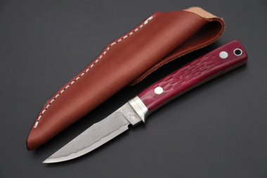 Hattori KD30-841R Cowry X Damascus Little Wild Hunters (Clip Point, Strawberry Red Bone Handle) - japaneseknifedirect.mom