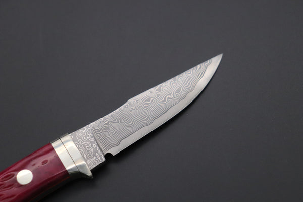 Hattori KD30-841R Cowry X Damascus Little Wild Hunters (Clip Point, Strawberry Red Bone Handle) - japaneseknifedirect.mom