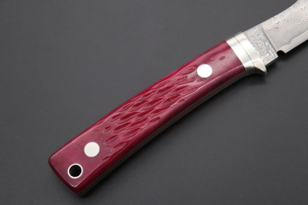 Hattori KD30-841R Cowry X Damascus Little Wild Hunters (Clip Point, Strawberry Red Bone Handle) - japaneseknifedirect.mom