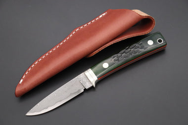 Hattori KD30-845-GO Cowry X Damascus Little Wild Hunters  (Drop Point, MossGreen Bone Handle) - japaneseknifedirect.mom