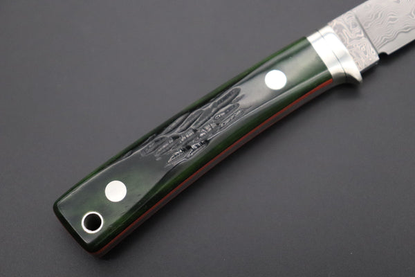 Hattori KD30-845-GO Cowry X Damascus Little Wild Hunters  (Drop Point, MossGreen Bone Handle) - japaneseknifedirect.mom