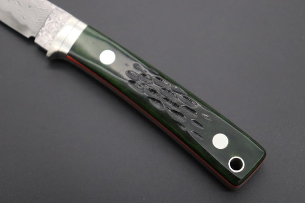 Hattori KD30-845-GO Cowry X Damascus Little Wild Hunters  (Drop Point, MossGreen Bone Handle) - japaneseknifedirect.mom