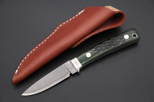 Hattori KD30-845-GW Cowry X Damascus Little Wild Hunters  (Drop Point, MossGreen Bone Handle) - japaneseknifedirect.mom