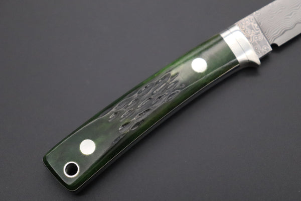 Hattori KD30-845-GW Cowry X Damascus Little Wild Hunters  (Drop Point, MossGreen Bone Handle) - japaneseknifedirect.mom