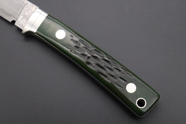Hattori KD30-845-GW Cowry X Damascus Little Wild Hunters  (Drop Point, MossGreen Bone Handle) - japaneseknifedirect.mom