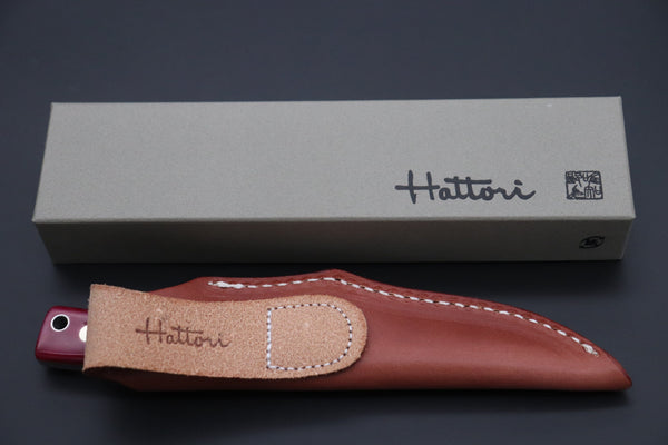 Hattori KD30-845-R Cowry X Damascus Little Wild Hunters  (Drop Point, Strawberry Red Bone Handle) - japaneseknifedirect.mom