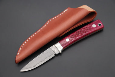 Hattori KD30-845-R Cowry X Damascus Little Wild Hunters  (Drop Point, Strawberry Red Bone Handle) - japaneseknifedirect.mom