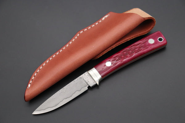 Hattori KD30-845-R Cowry X Damascus Little Wild Hunters  (Drop Point, Strawberry Red Bone Handle) - japaneseknifedirect.mom