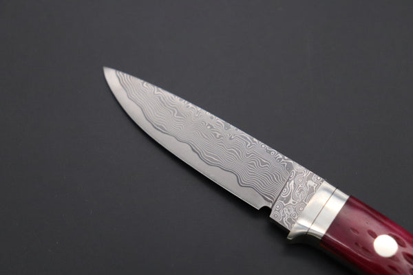 Hattori KD30-845-R Cowry X Damascus Little Wild Hunters  (Drop Point, Strawberry Red Bone Handle) - japaneseknifedirect.mom