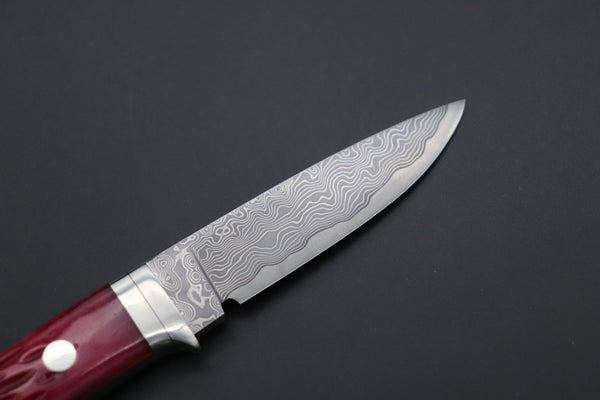 Hattori KD30-845-R Cowry X Damascus Little Wild Hunters  (Drop Point, Strawberry Red Bone Handle) - japaneseknifedirect.mom