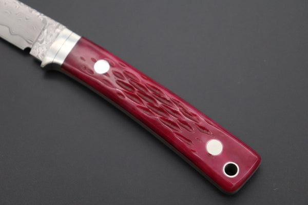 Hattori KD30-845-R Cowry X Damascus Little Wild Hunters  (Drop Point, Strawberry Red Bone Handle) - japaneseknifedirect.mom