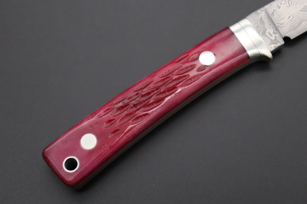 Hattori KD30-845-R Cowry X Damascus Little Wild Hunters  (Drop Point, Strawberry Red Bone Handle) - japaneseknifedirect.mom