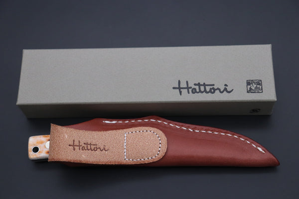 Hattori KD30-845B Cowry X Damascus Little Wild Hunters  (Drop Point, Brown Jigged Bone Handle) - japaneseknifedirect.mom