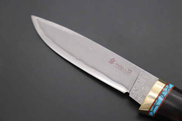 Hattori 傘 SAN Limited Edition SAN-106 Cowry-X Damascus Special Utility Hunter "Custom African Ebonywood Handle with Turquoise Composite Stone Ring"